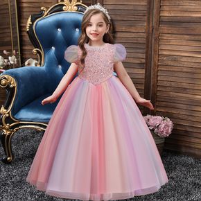 Kid Girl Sequined Cap-sleeve Ombre/Solid Princess Costume Party Mesh Dress